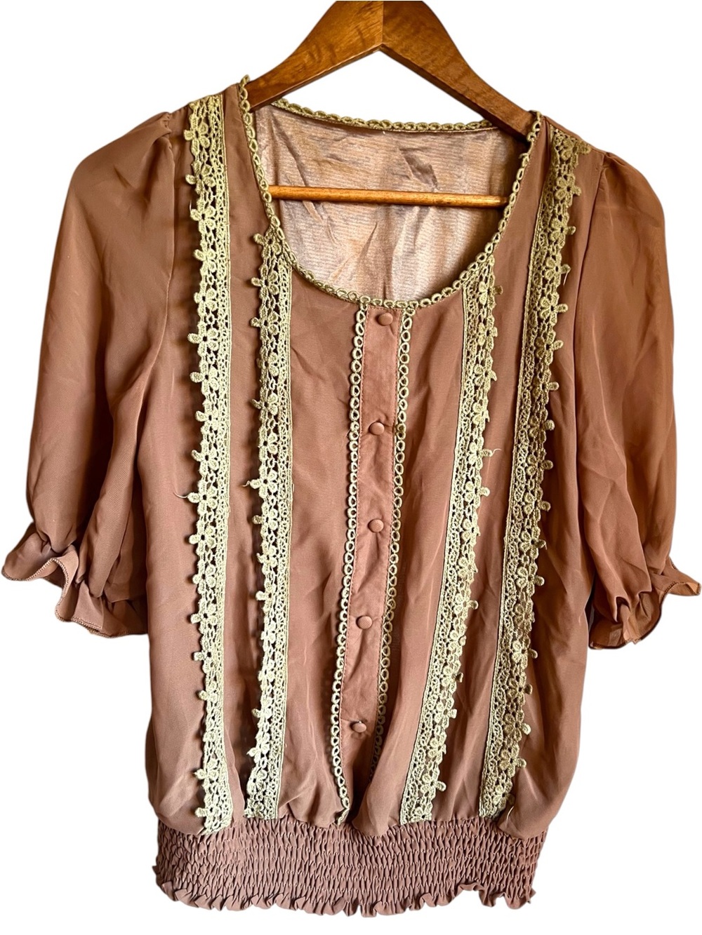Boho Cottagecore Tan Sage Green Crochet Lace Blouse Puff Sleeve  Estimated Small